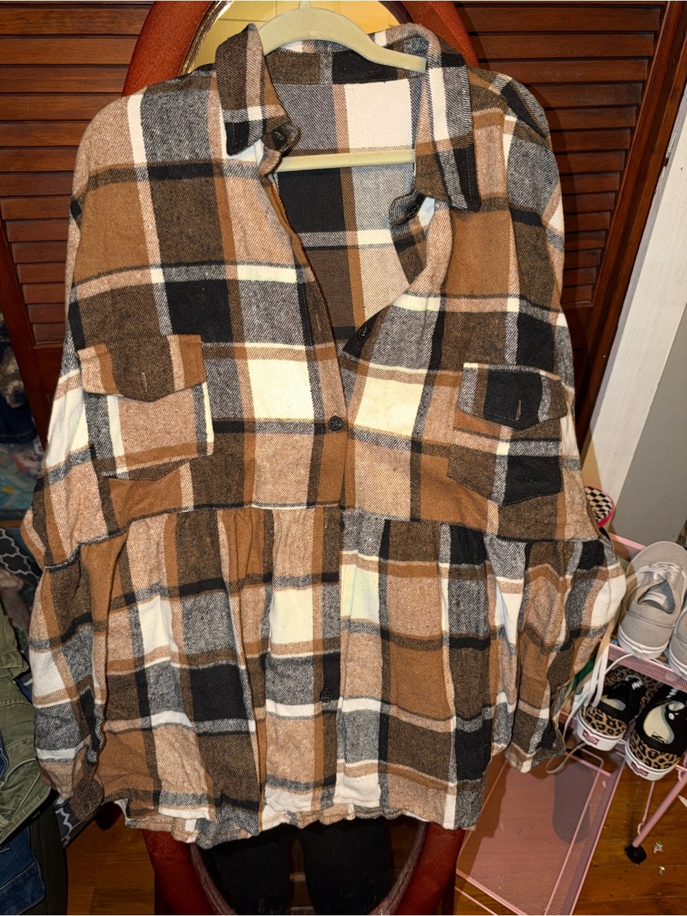 Women's Plaid Shacket Jacket - Brown & Cream